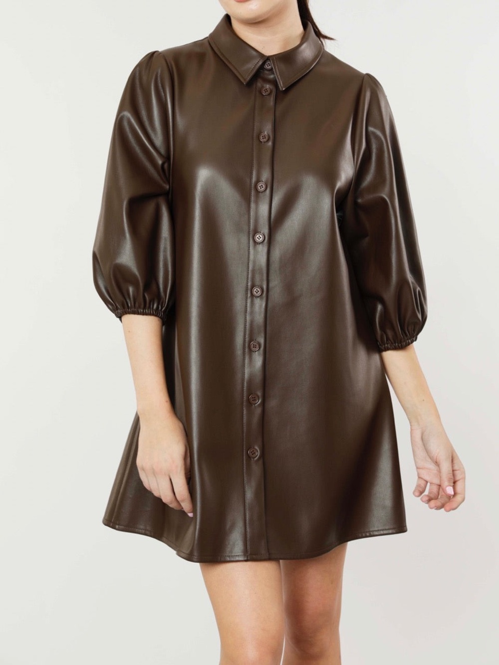 Dolce & Cabo Brown Vegan Leather Button-Front Shirt Dress